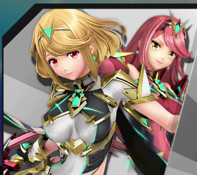 Pyra and Mythra in the Smash Ultimate character select screen, on the yellow and red colour scheme, representing Disc and Peppermint working together.